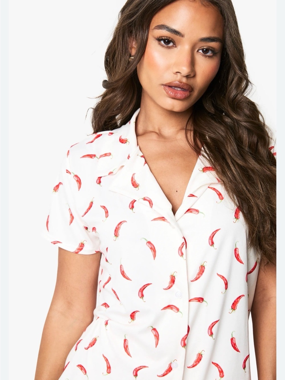 White Chili Pepper Print Button-Front Blouse